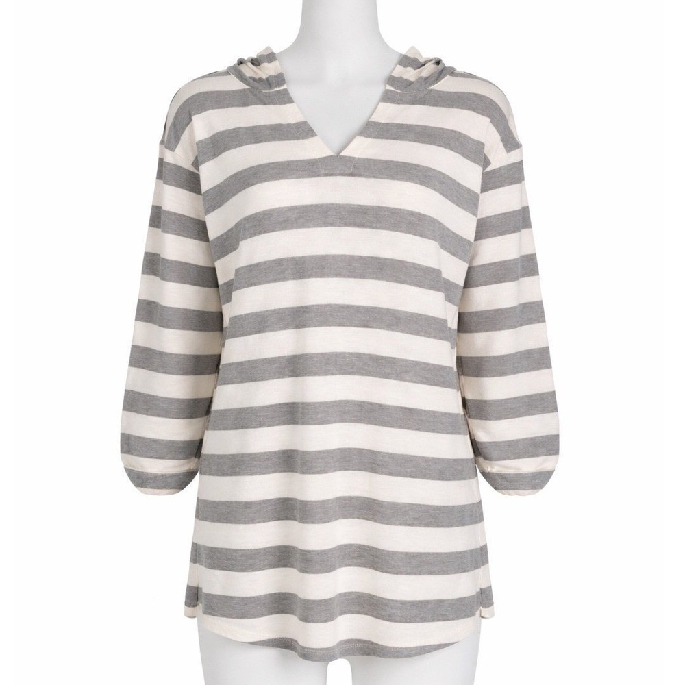Beach Break Gray/White V-Neck Hoodie Roll-Tab 3/4 Sleeve Top Nautical Casual‎